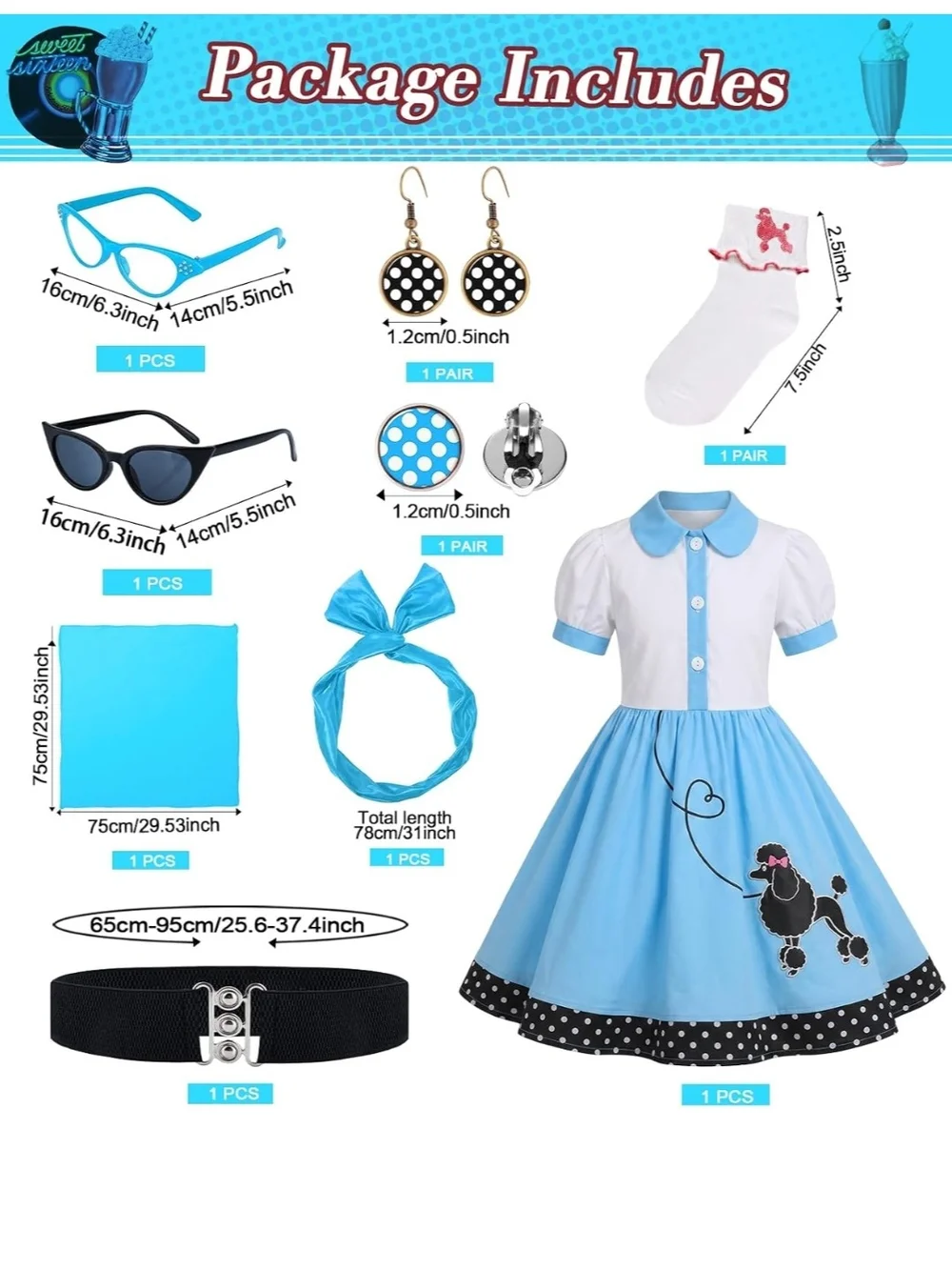 Blue Poodle Swing Dress Costume for Kids - Classic 50s Style